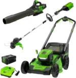 Greenworks 80V 21” Lawn Mower, 13” String Trimmer, and 730 Leaf Blowers. - Image 5