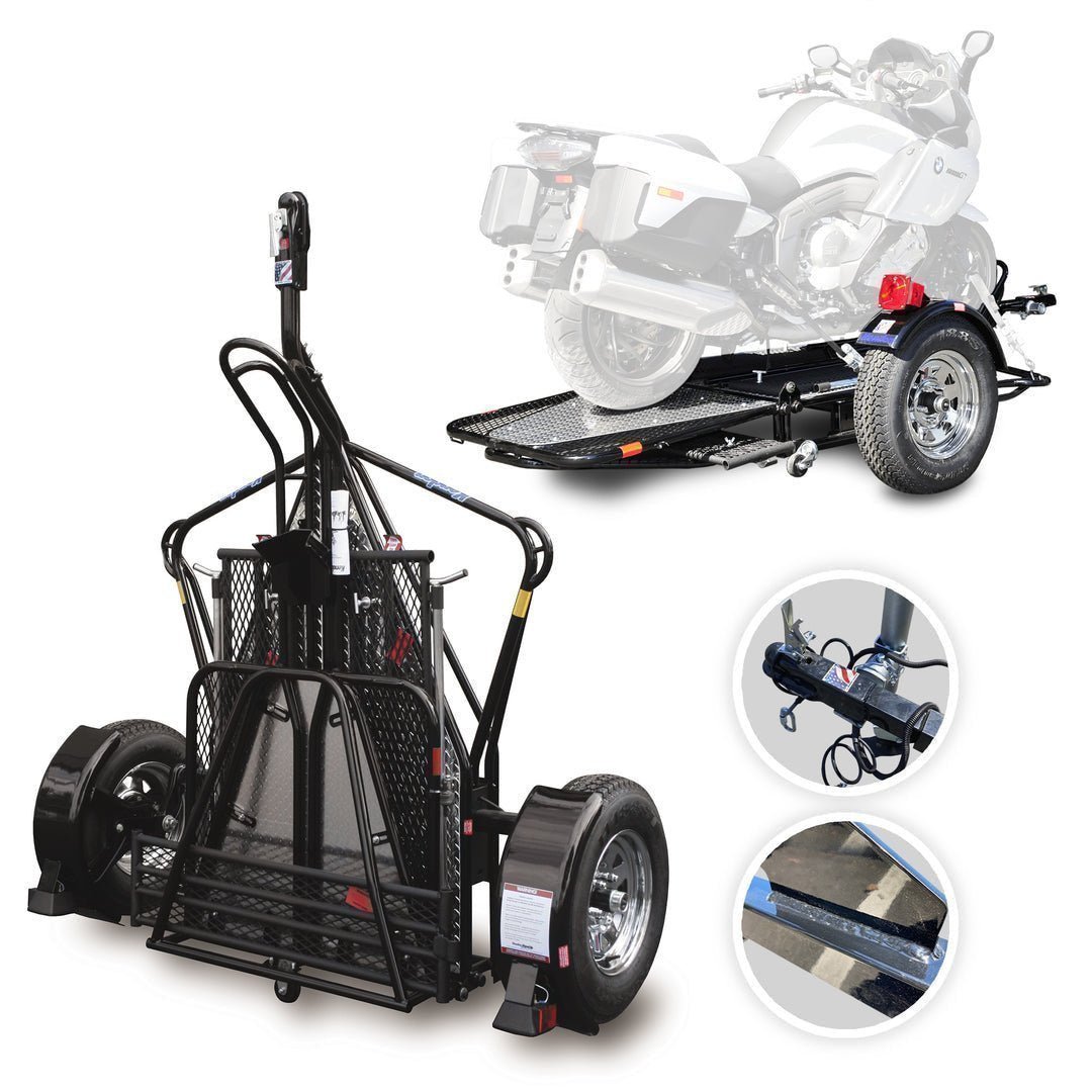1-MainImage_1080x_86c2d3ad-aaae-47b2-b44f-44e2522a708d.jpg Go! Series Single Rail Folding Motorcycle Trailers – Deluxe Chrome Wheels Balanced - Image 1