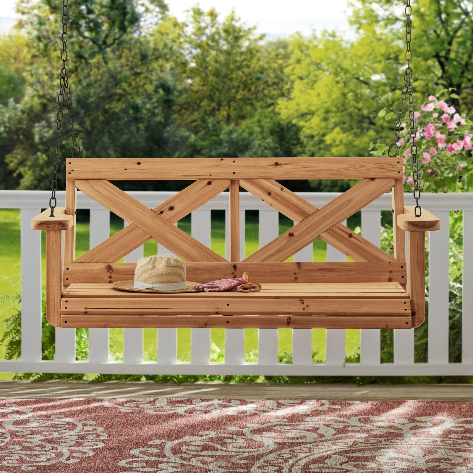 Backyard_Discovery_Front_Porch_Swing_1_8f38b4d7-df73-404f-8a02-c0dcc9945c6b.jpg Cedar Farmhouse Porch Swing Light Brown - Image 1