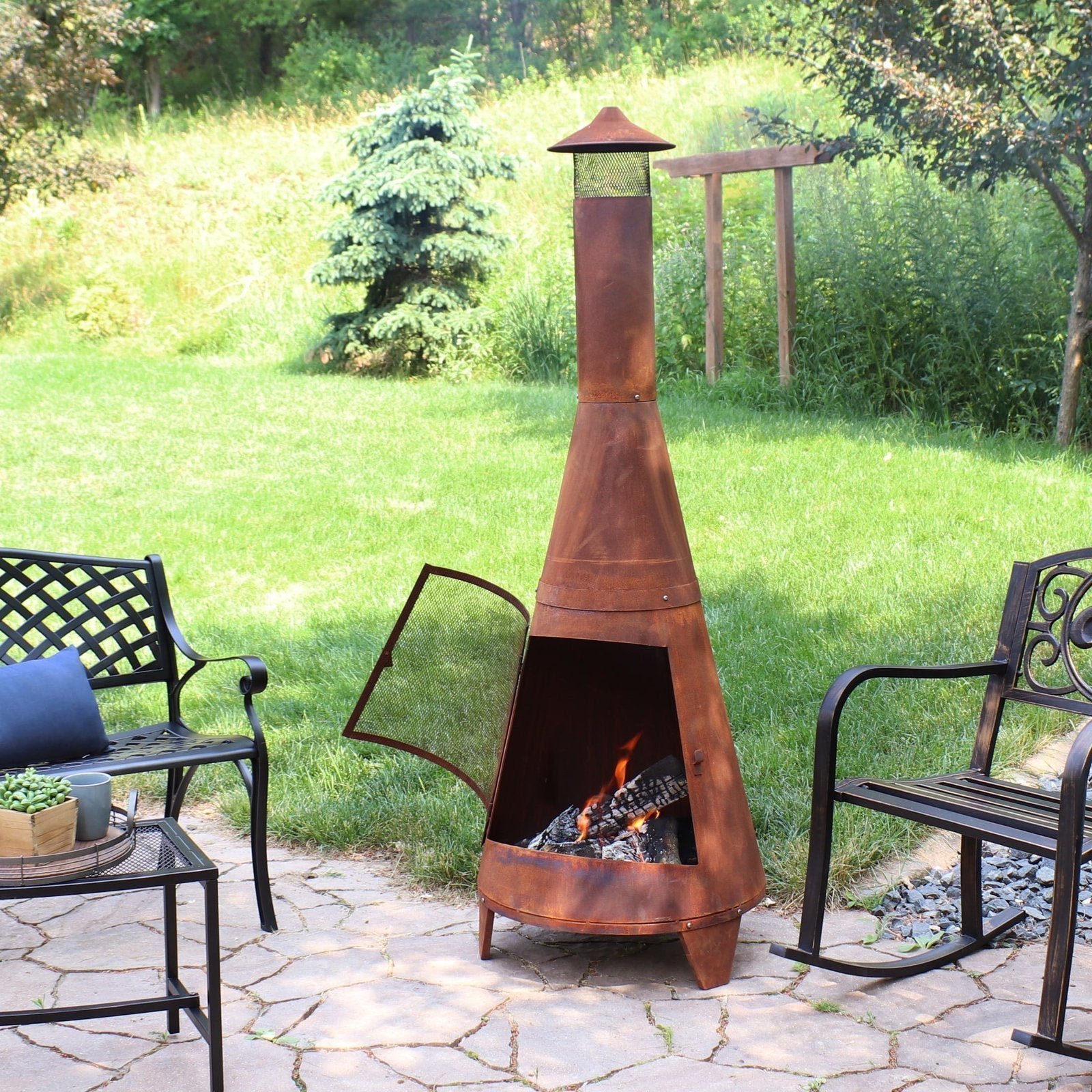 Sunnydaze-70-Rust-Patina-Finish-Steel-Wood-Burning-Chiminea-with-Spark-Screen_d5cc3e46-d35b-4773-9307-9a1fec69352a.82619d2f3b02bfa4df59302e708cadfd.jpg Sunnydaze 70″ Rust Patina Finish Steel Wood-Burning Chiminea with Spark Screen - Image 1