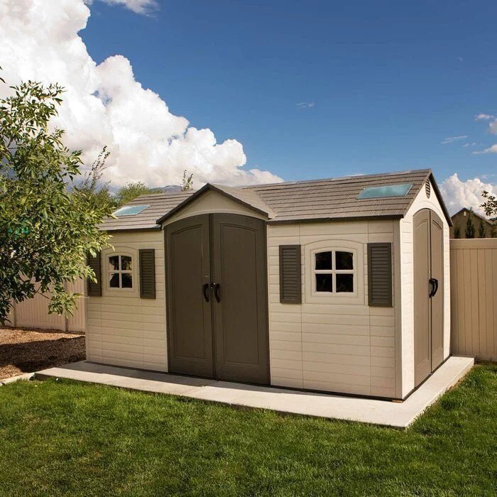 img-2223.jpg Lifetime 60079 Outdoor Storage Dual Entry Shed, 15 x 8 ft, Desert Sand (B00CTVQ6UG) - Image 1